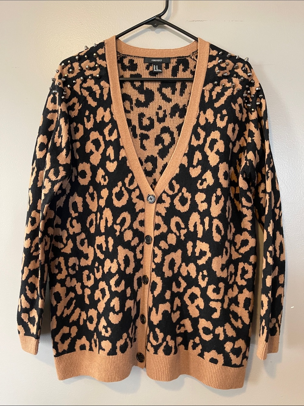 Forever 21 Black and Tan Leopard Print Studded V-Neck Cardigan